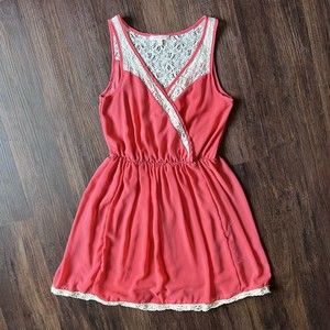 Margo & Sebastian Dress M Medium Coral w/ Ivory Lace V Neck Sleeveless Mini